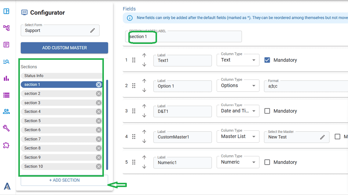 Configurator page for creating custom sections and fields in the Support form