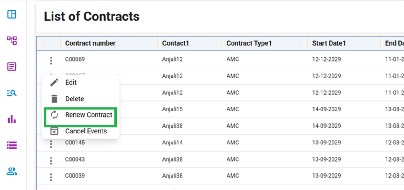 Renew Contract option available in the three-dot action menu of the contract list