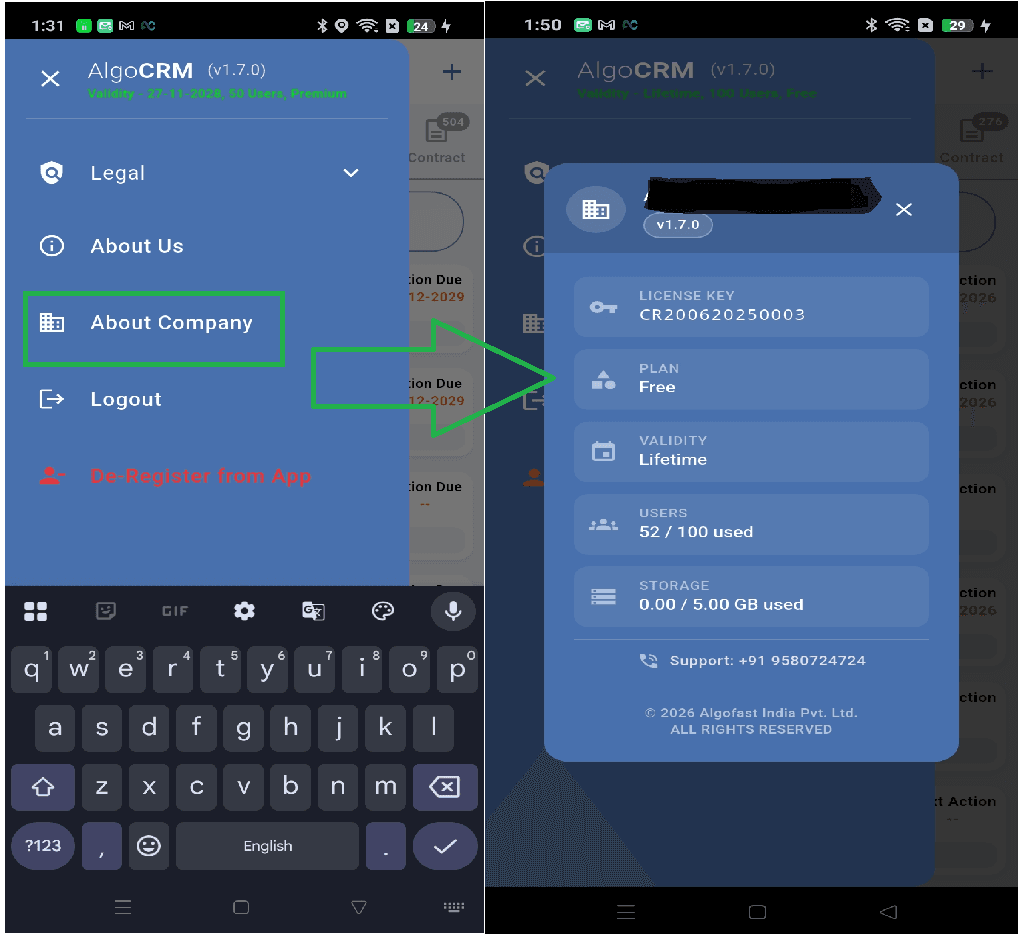 About Company dialog visible in the Mobile application