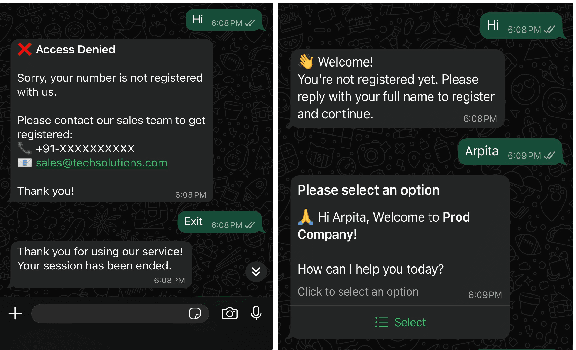 WhatsApp chatbot showing access denied when contact creation is disabled and successful new user registration when enabled