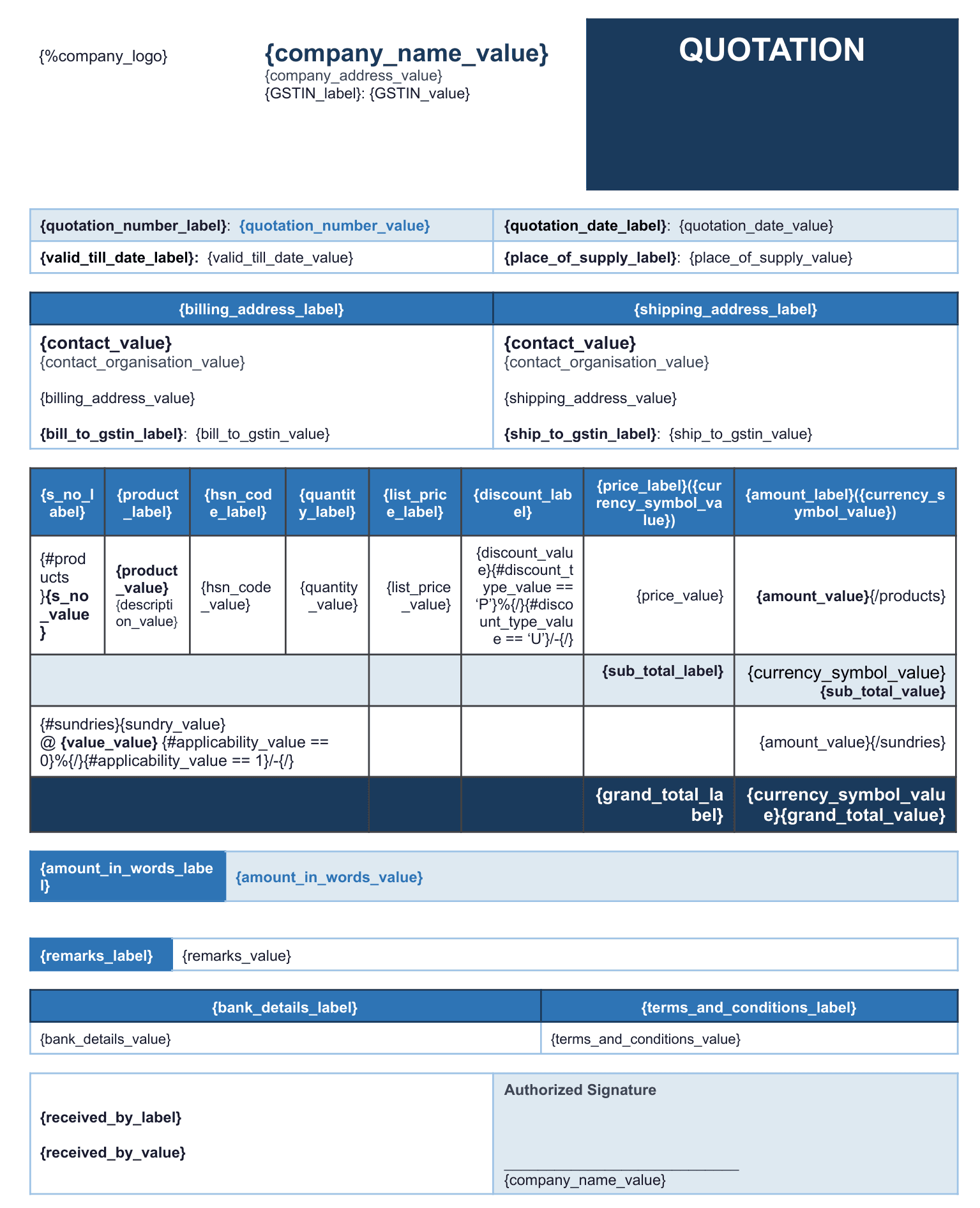 Example of contact value variable displaying the Contact Person value in the quotation template
