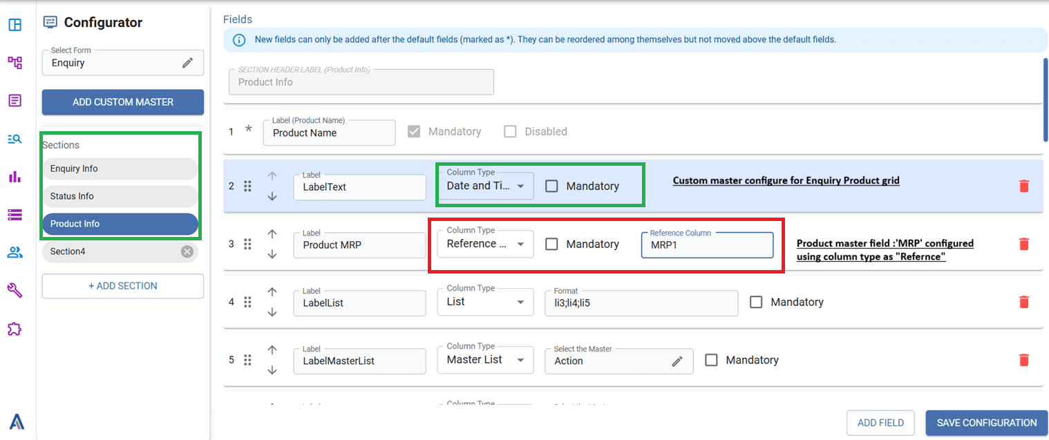 Product Grid field configuration screen showing default sections and available column types