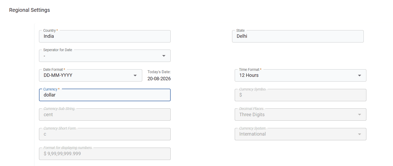 Regional Settings with Dollar selected as the currency showing related currency details automatically populated in disabled fields