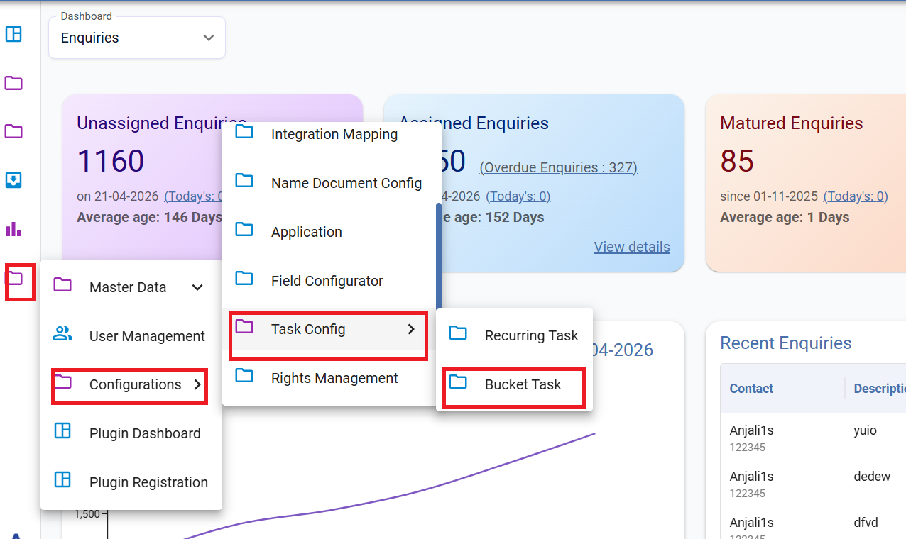 Navigation path showing Configurations → Task Config → Bucket Task option in CRM menu