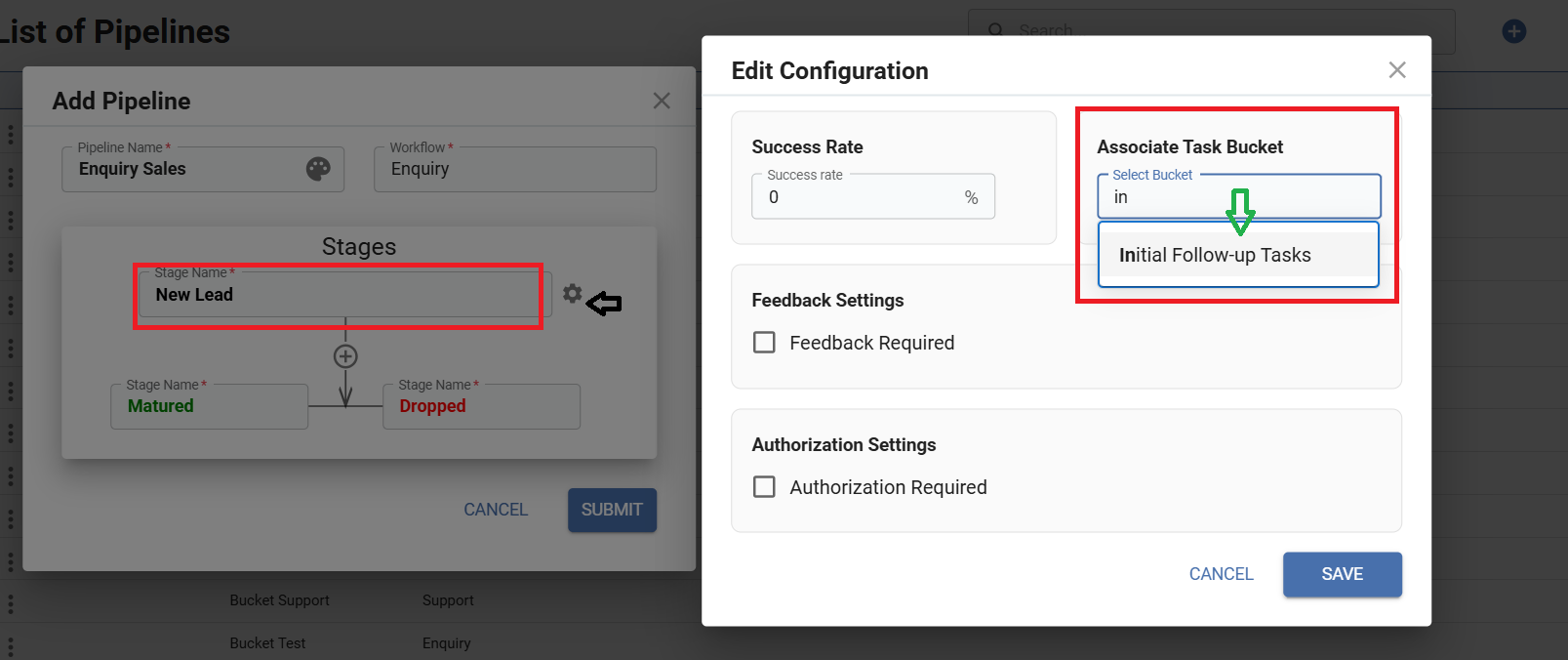 Pipeline stage configuration screen showing a task bucket being associated with a specific stage using the Associate Task Bucket option