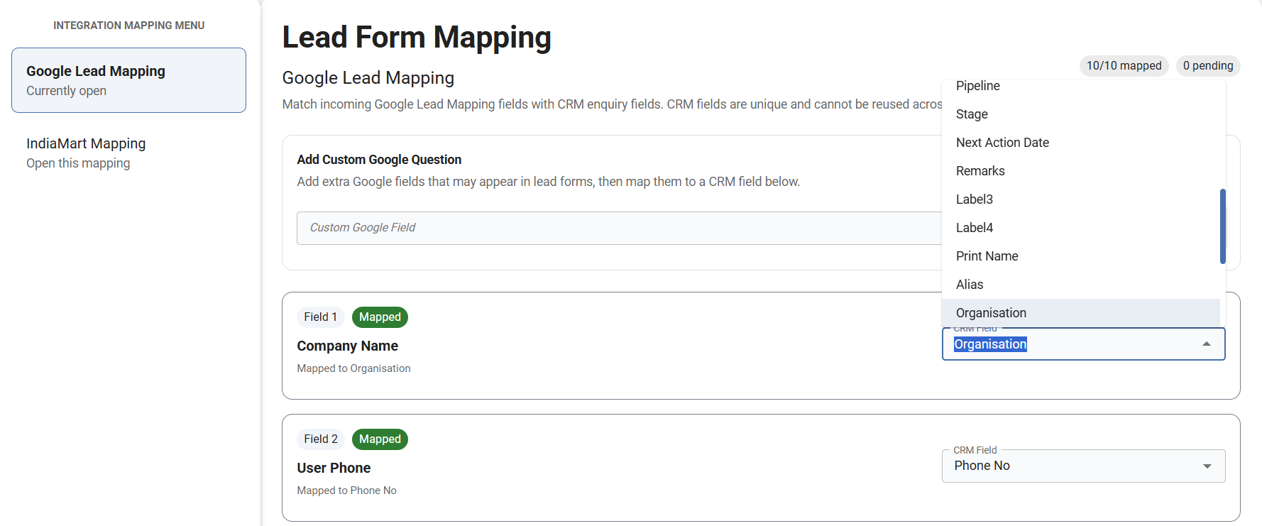Google Lead Mapping screen showing mapping of Google form fields to CRM fields with dropdown selection and mapped field indicators