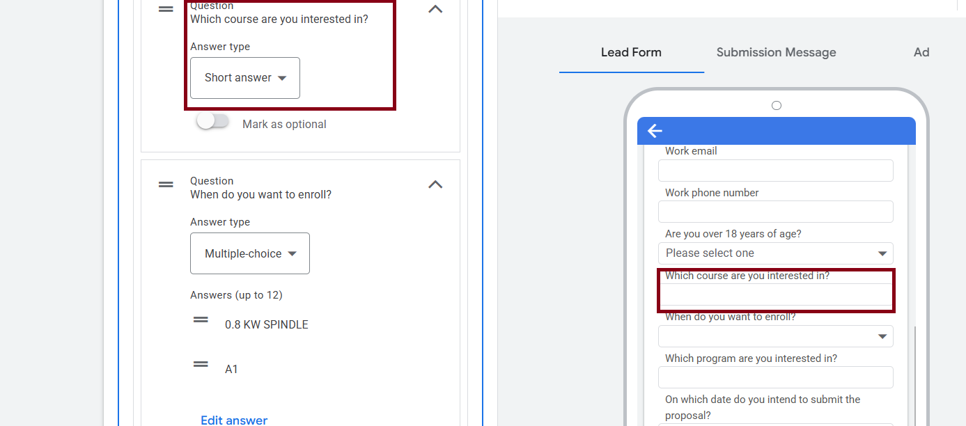 Sample custom question field as it appears in a Google Lead Form
