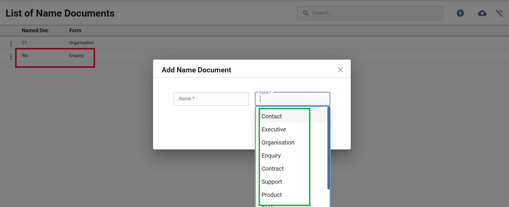 List of existing named documents showing document name mapped to Enquiry form