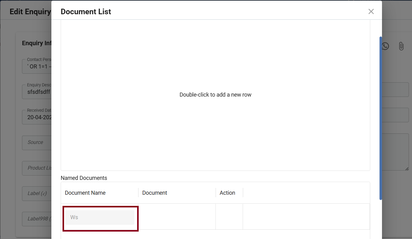 Associated named document displayed in the Enquiry attachment section