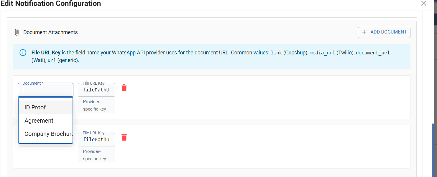 Notification configuration screen showing document URL attachment for sending named documents to contact persons