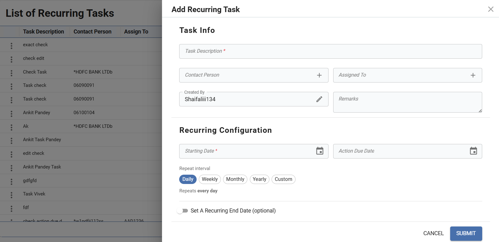 Add Recurring Task dialog with fields for task details, start date, end date, and repeat interval options
