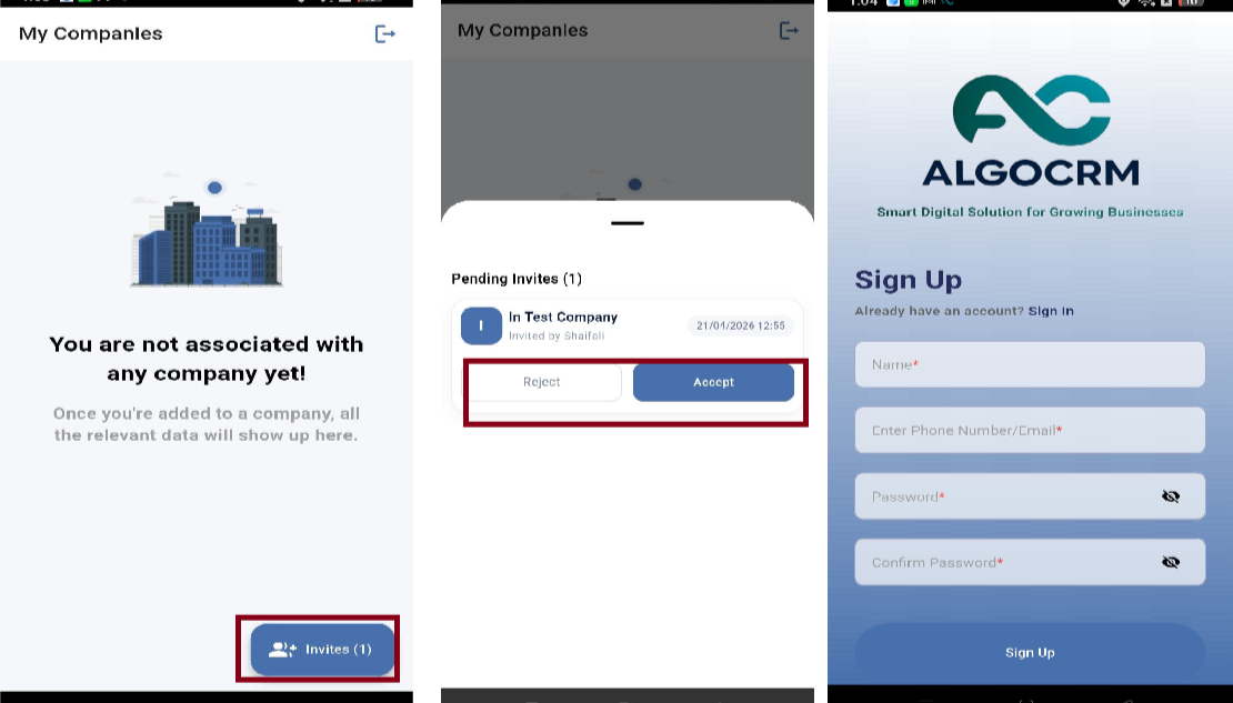 Mobile app screen showing sign up form and invitation accept or reject options