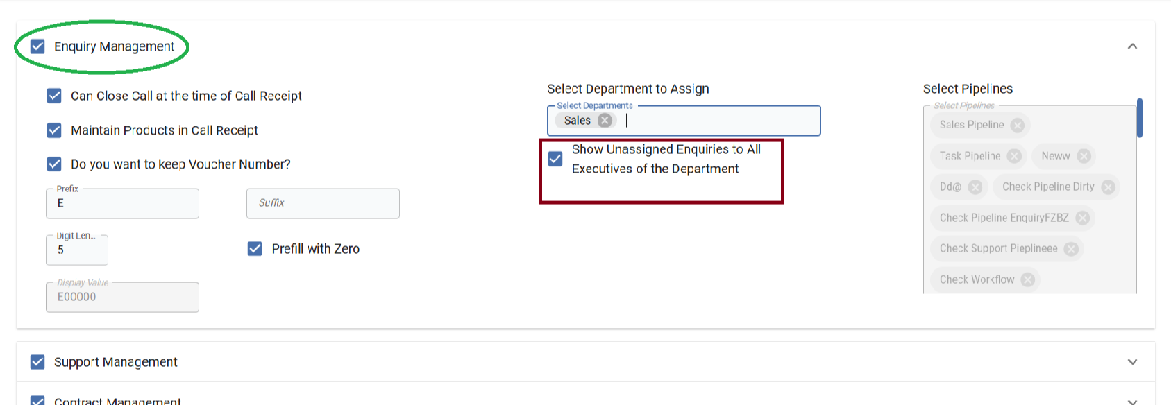 Checkbox option in Enquiry Management settings that allows the selected department to view all unassigned enquiries