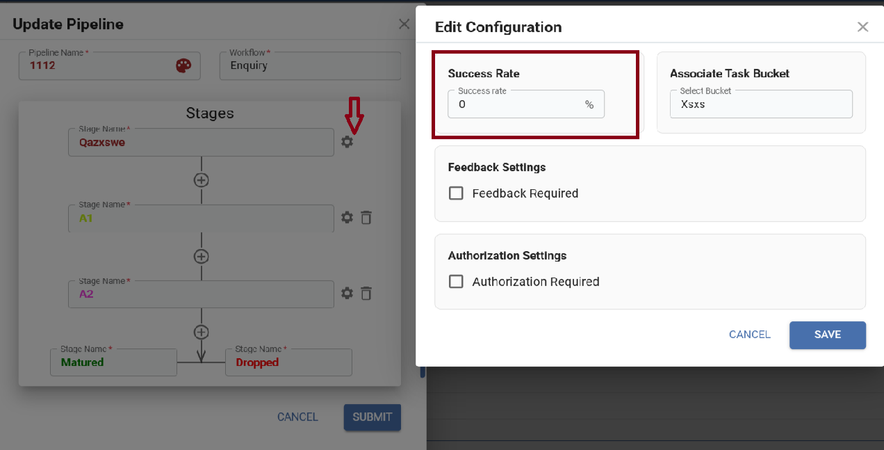 Pipeline Stage Configuration screen with Success Rate field highlighted